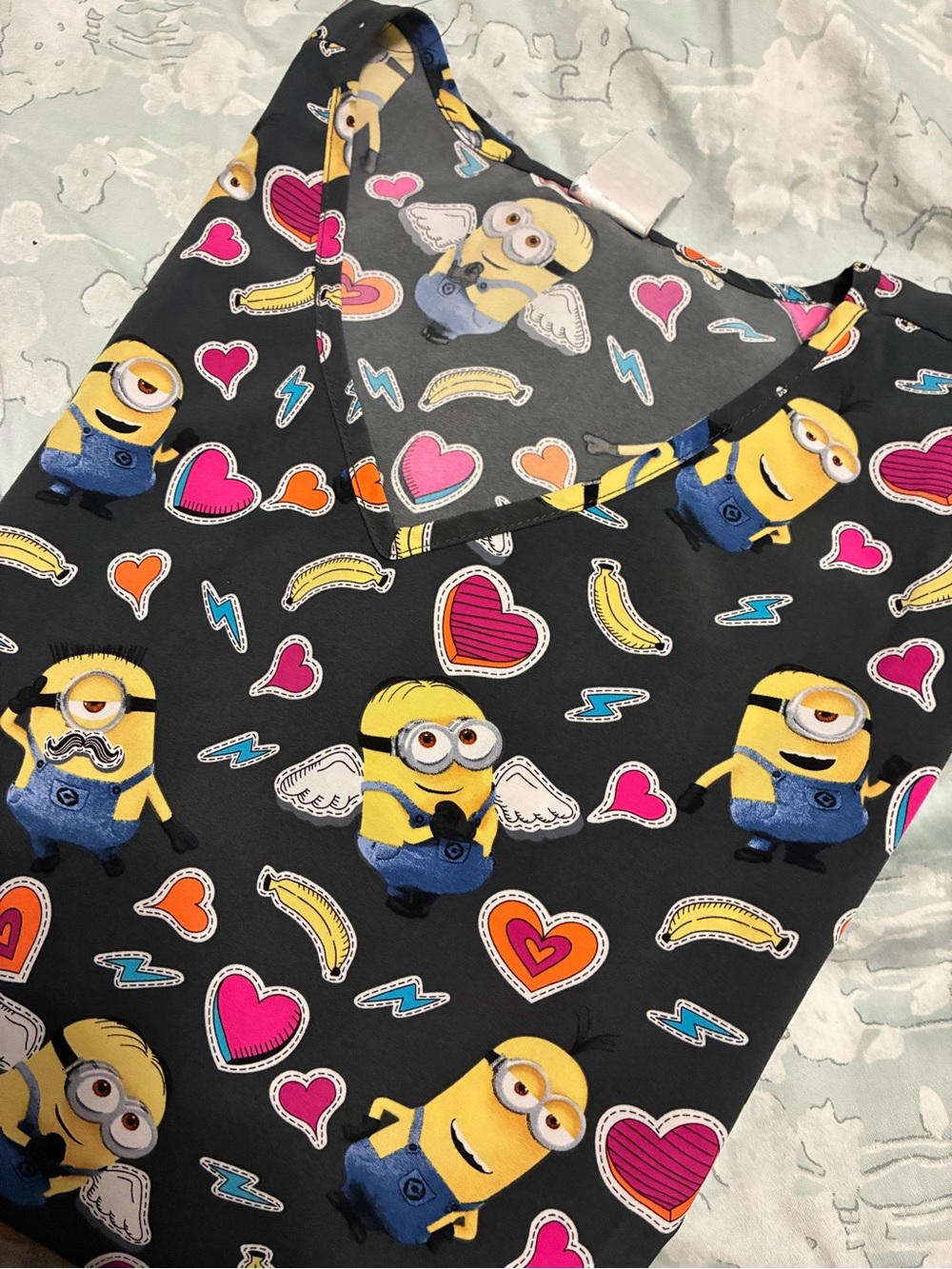 Kids Black Minion Heart Print Pajama Top - Yellow Accent